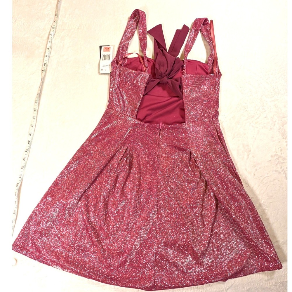 City Vibe Womens Junior Magenta Glitter Metallic Bow Flare Dress Size 11 Formal - Picture 2 of 11